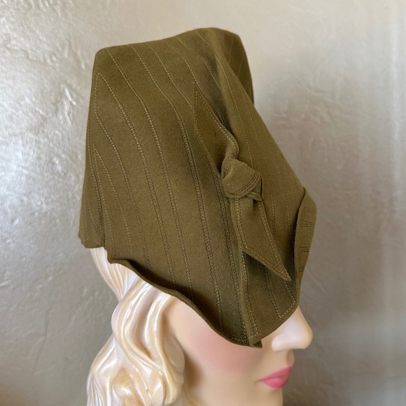 ASTOUNDING 1930s\' OLIVE GREEN FELT HAT WITH INTRICATE TOPSTITCHING & BOIW main image 6